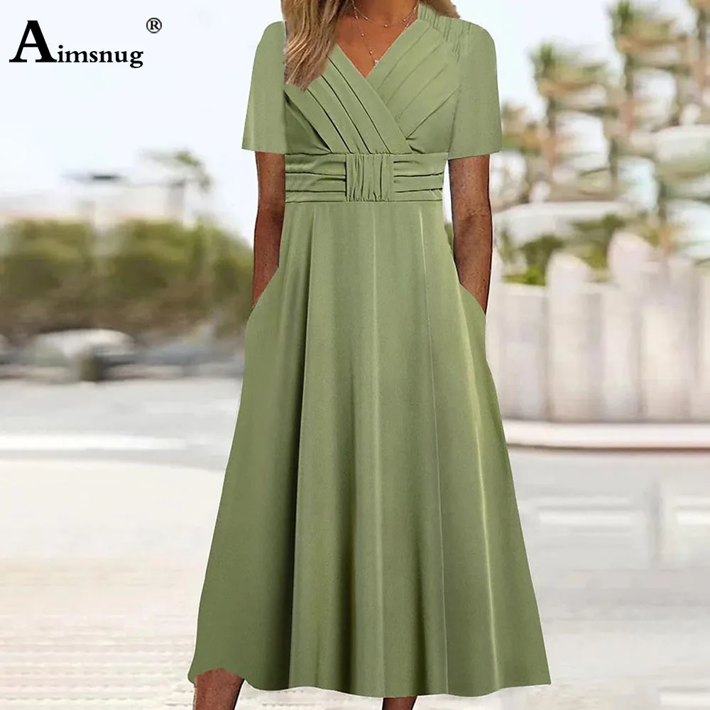 

Women Short Sleeve Elegant Mid-Calf Dress Plus Size Ladies Waist Belted Party Dresses Female High Cut A-line Dress Clothing 2023