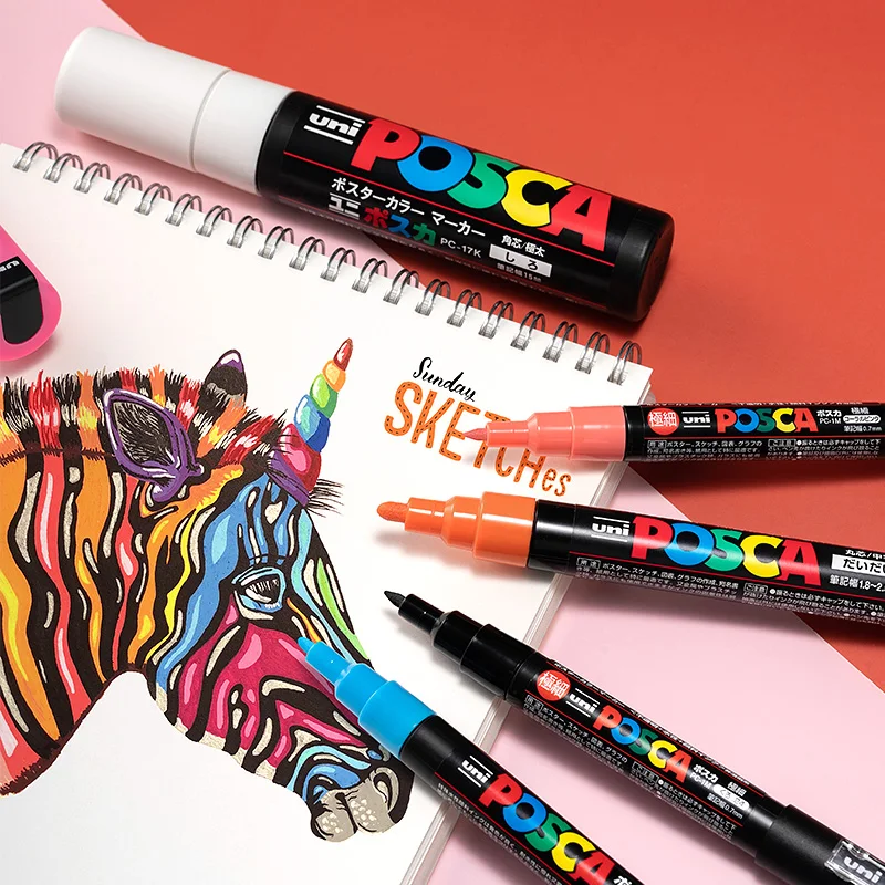 Uni Posca-Juego de bolígrafos de pintura de PC-5M de 16 colores,  rotuladores de punta media de 1,8-2,5mm para pintura en roca, tela, vidrio  y grafiti