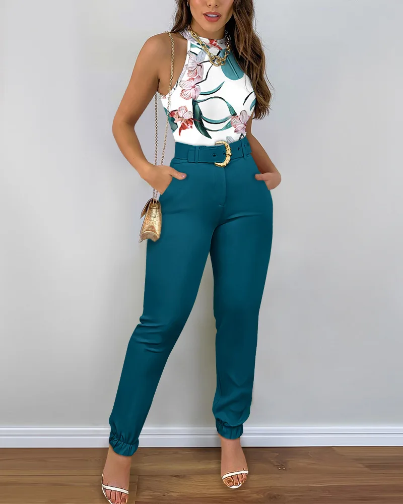

Tropical Print Top & Cuffed Pants Set Women Sleeveless Tanks Tops Long Pencil Pants Summer Spring Sexy O Neck Flower