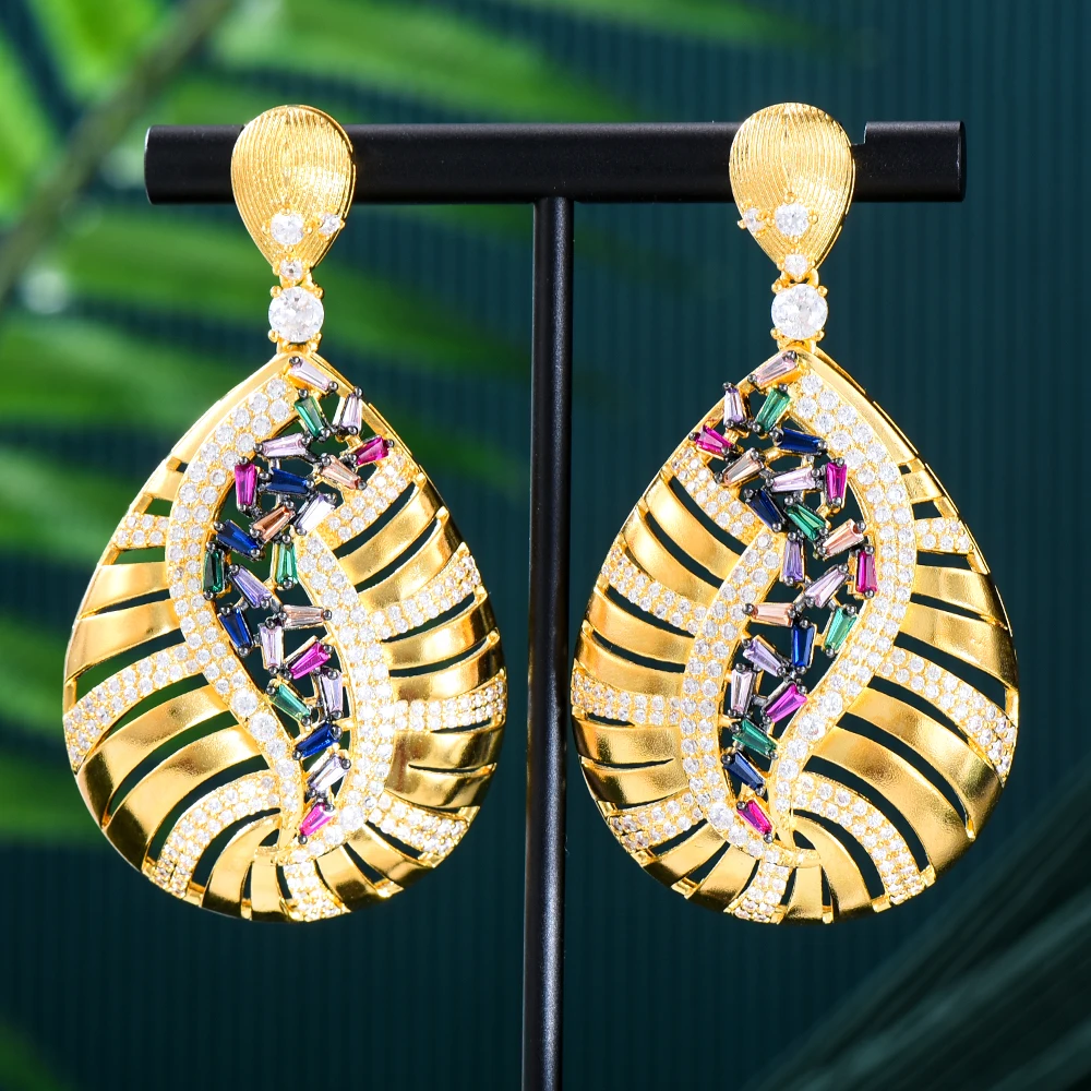 Missvikki Luxury DUBAI Hollow Dangle Earrings Shiny Cubic Zircon Drop Earring For Bridal Wedding Party Accessories High Quality