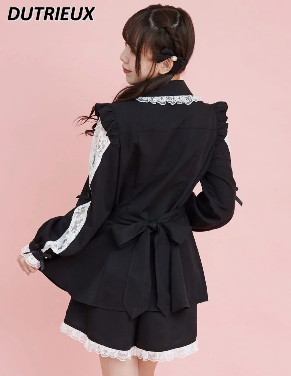 Sweet Girl Outfits Japanese Lolita New Mine Long-sleeved Slimming Shirt Single-breasted Lace Bow Top and Shorts Two Piece Set