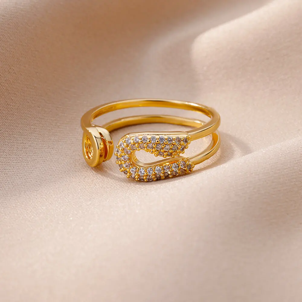 Zircon Pin Rings For Women Stainless Steel Gold Plated Opening Adjustable