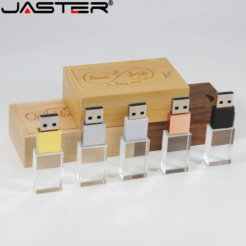

JASTER Free Custom Logo USB Flash Drive 128GB Crystal with Wooden Box Memory Stick 64GB Pretty Business Gift Pen Drive 32GB 16GB