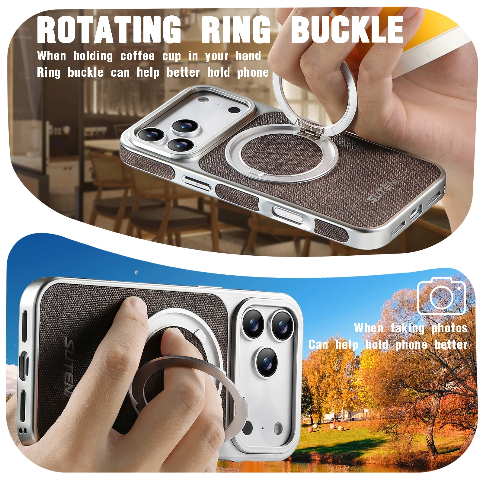 Leather Magnetic Phone Case with 360° Rotating Stand & Wireless Charging Compatibility