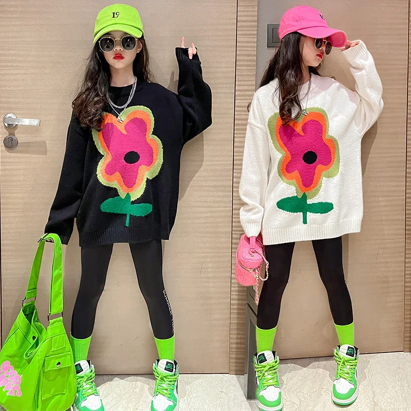 

Fall Winter Girls Sweater Cotton Flower Jacquard Sweater Down Cotton Vest Sets Children's Clothes girl Basic Long pullover Shirt