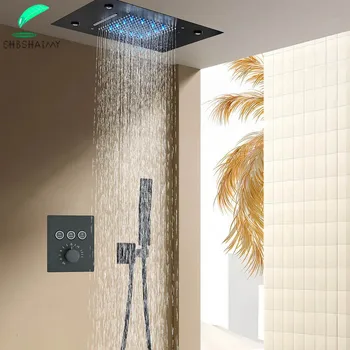 Luxury Thermostatic Shower Faucet LED Shower Sets Ceiling Mount Waterfall and Rainfall Bathroom Shower System 3-way Mixer Tap