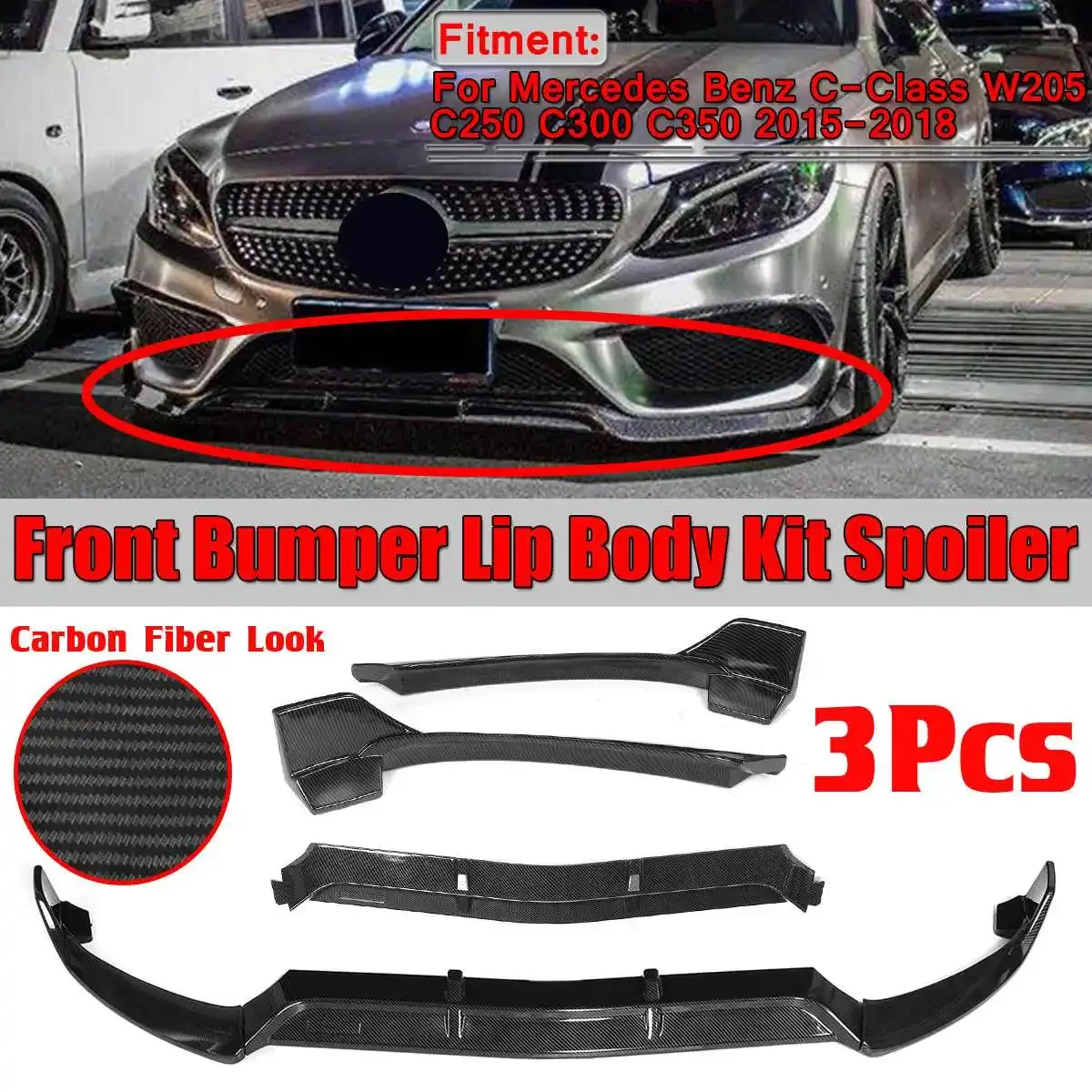 

New 3pcs Car Front Lip Chin Bumper Lip Spoiler Splitters For Mercedes For Benz C-Class W205 C250 C300 C350 2015-2018 Body Kit