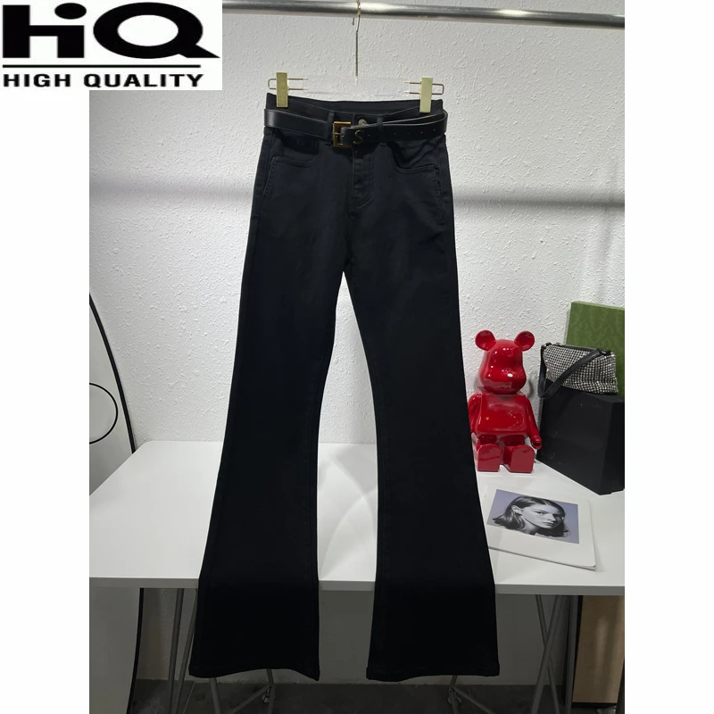 

2 Women High Street Casual Black Letter Embroidery Pocket Flared Jeans With Belt