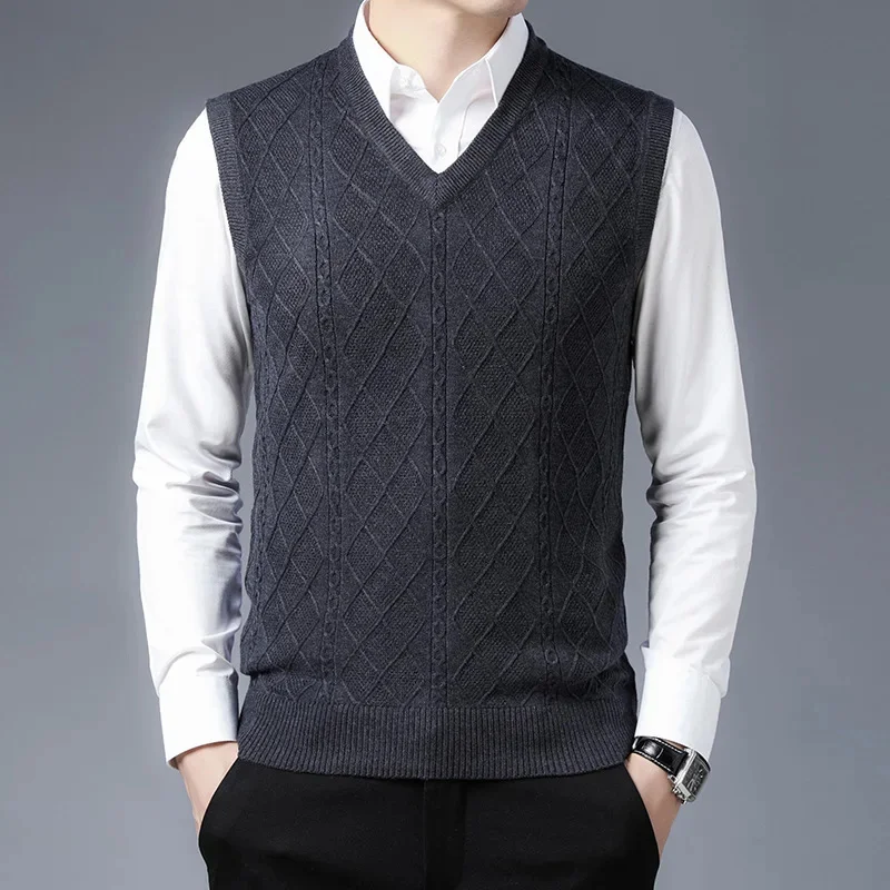 Autumn 2024 and Winter New Men's Wool Vest Business Casual Geometry V-neck Sleeveless Knit Sweater Male Brand Clothes