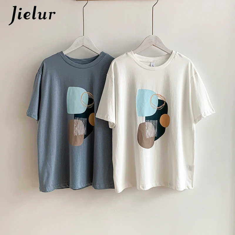 

Fashion Women's T-shirt Line Abstract Printing Summer Top Tee Shirt Korean Loose Short Sleeve T-shirts White Blue Harajuku