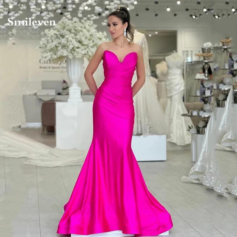 

Smileven Sexy Strapless V Neck Evening Dresses Slik Satin Prom Dress High Side Split Sleeveless Party Gowns 2024