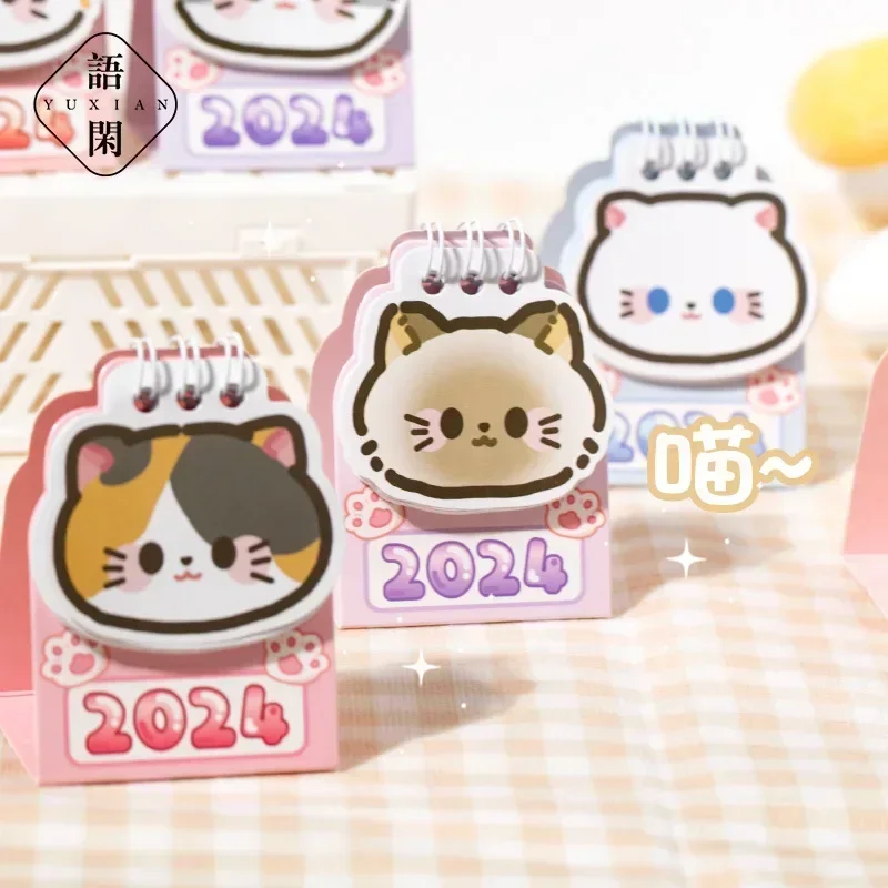 2024 Calendar Cute Cartoon Cats Desk Calendar Kawaii Mini Daily Planner Schedule To Do List Time Manegement Office Stationery 46 pcs set colorful mood thank you stickers seal labels planner stickers scrapbooking cute kawaii diy diary album stick label