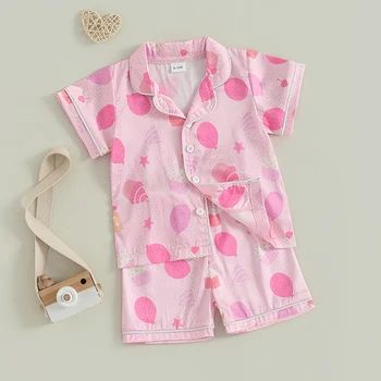Children s Girls Pajama Set with Fun Cake and Balloon Print Short Sleeve Shirt Top and Shorts 2-Piece Lounge Suit for 2