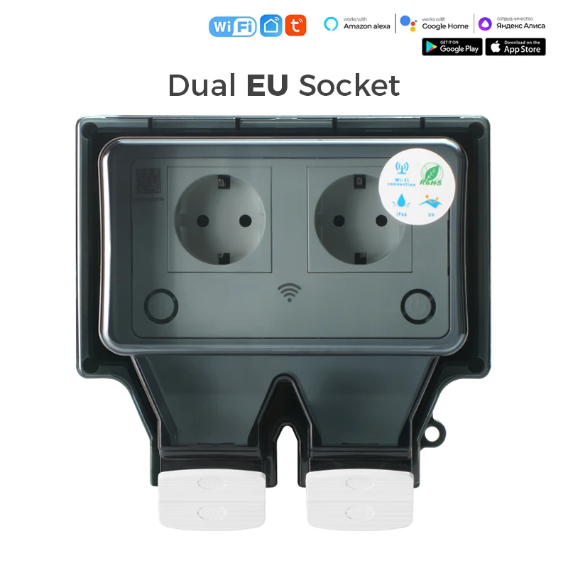 Avoir Tuya Waterproof Outdoor Smart WiFi Power Socket with Cover - IP66 Rated EU Standard