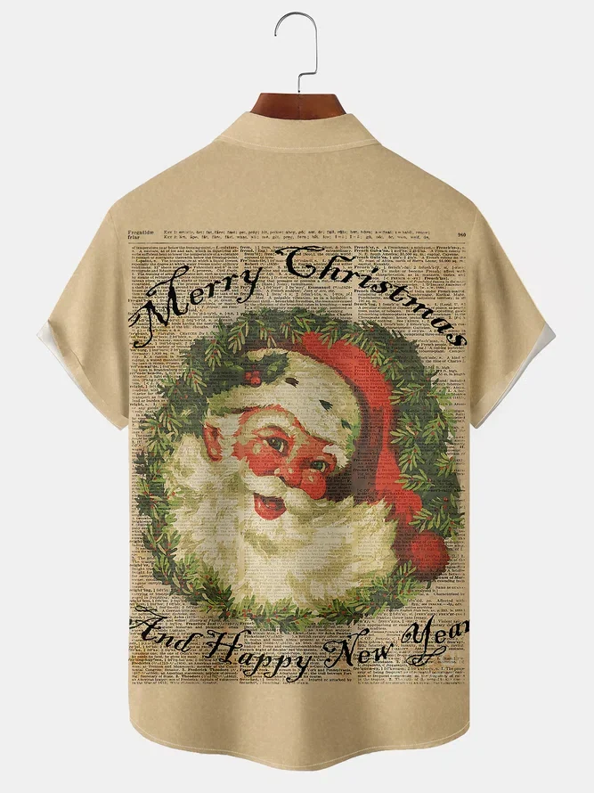 New Christmas Print Men Shirts Casual Vinatge Color Short Sleeve Hawaiian Shirt with Chest Pocket Loose Breathable