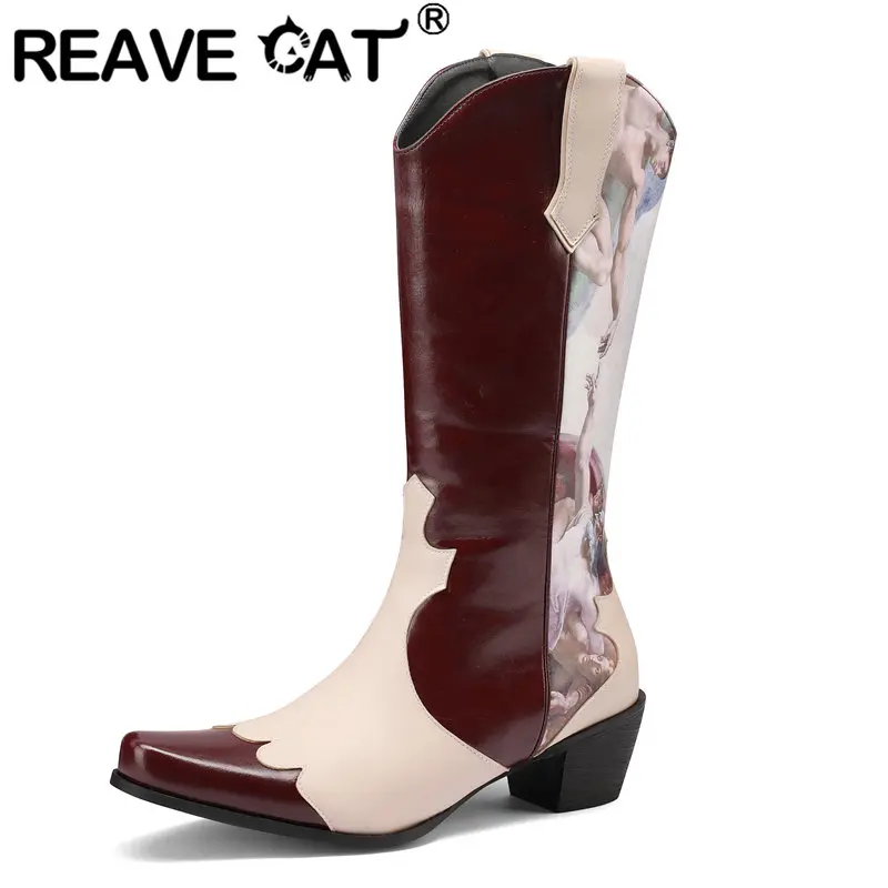 

REAVE CAT Cowboy Cowgirl Western Boots for Women Chunky Heel 5cm Slip On Mixed Fashion Female Outdoor Booties Plus Size 46 47 48