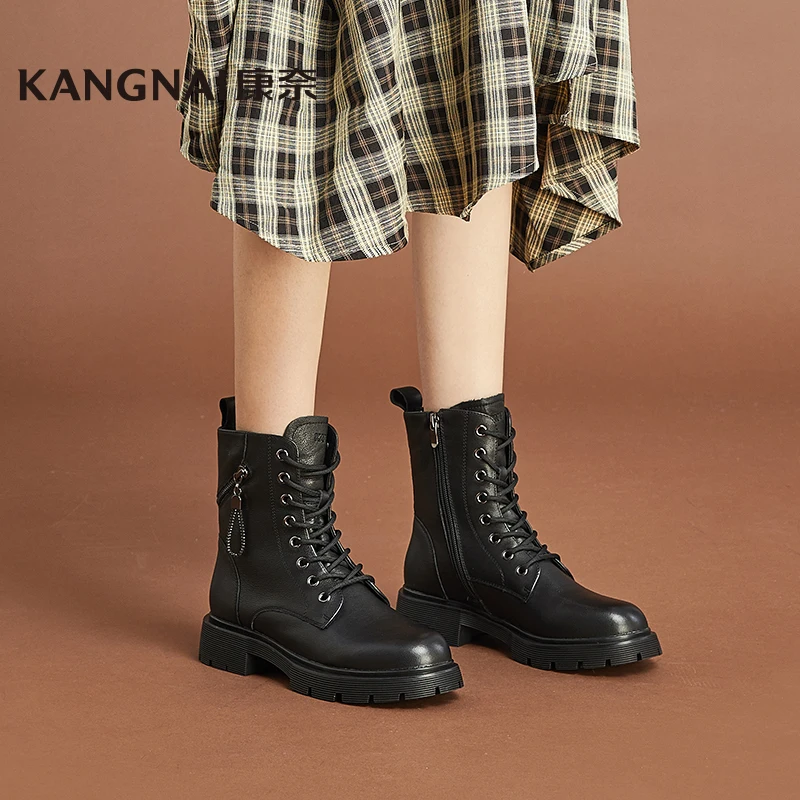 

Kangnai Women Boots Cow Leather Side Zipper Lace-Up Ankle Boots Platform Flats Female Shoes