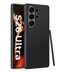 Luxury Plain Leather Case with Metallic Paint and Soft Edge Shockproof Hard Cover - Galaxy S26 Ultra (Carbon Fiber Style)