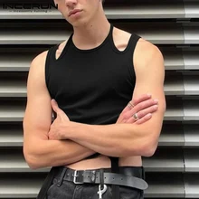 

INCERUN Tops 2021 Fashion Casual Style New Men's Vests Solid Comfortable Waistcoat Shoulder Cutout Design Sleeveless Vests S-5XL