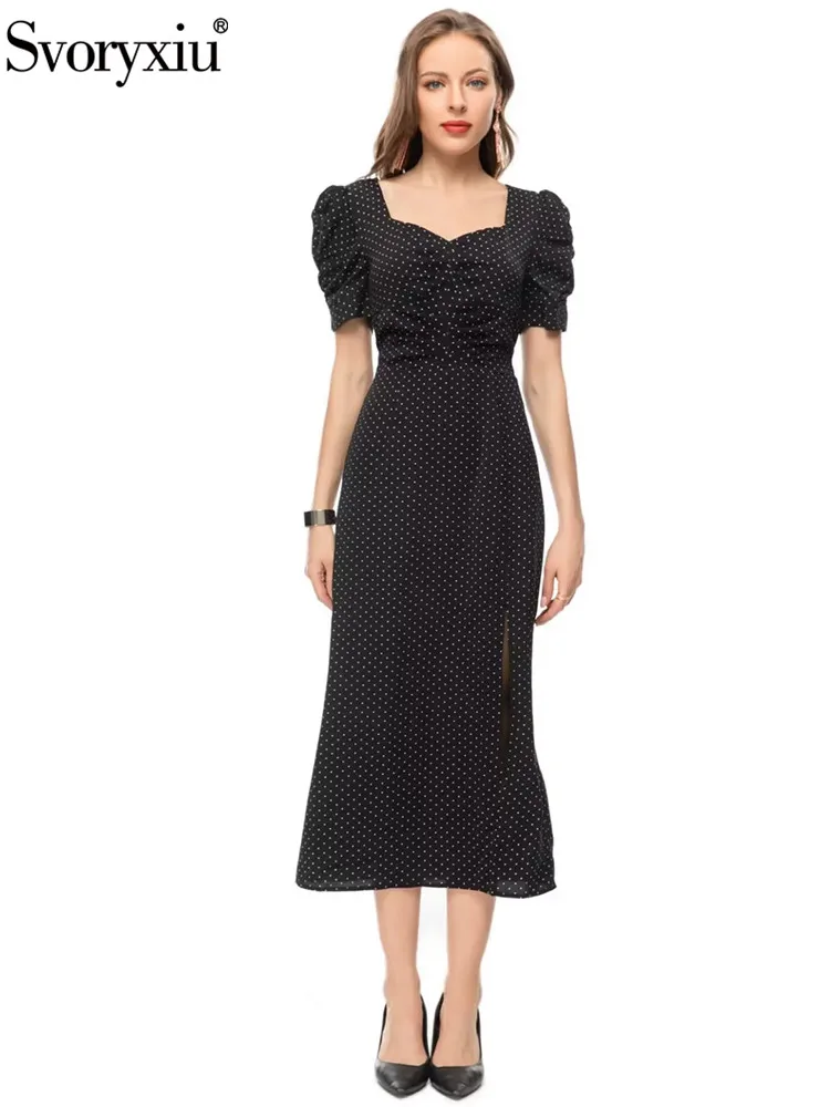 

Svoryxiu New Designer Fashion Summer Polka Dots Print Casual Mermaid Midi Dress Women's Lantern Sleeve High Waist Slim Dress