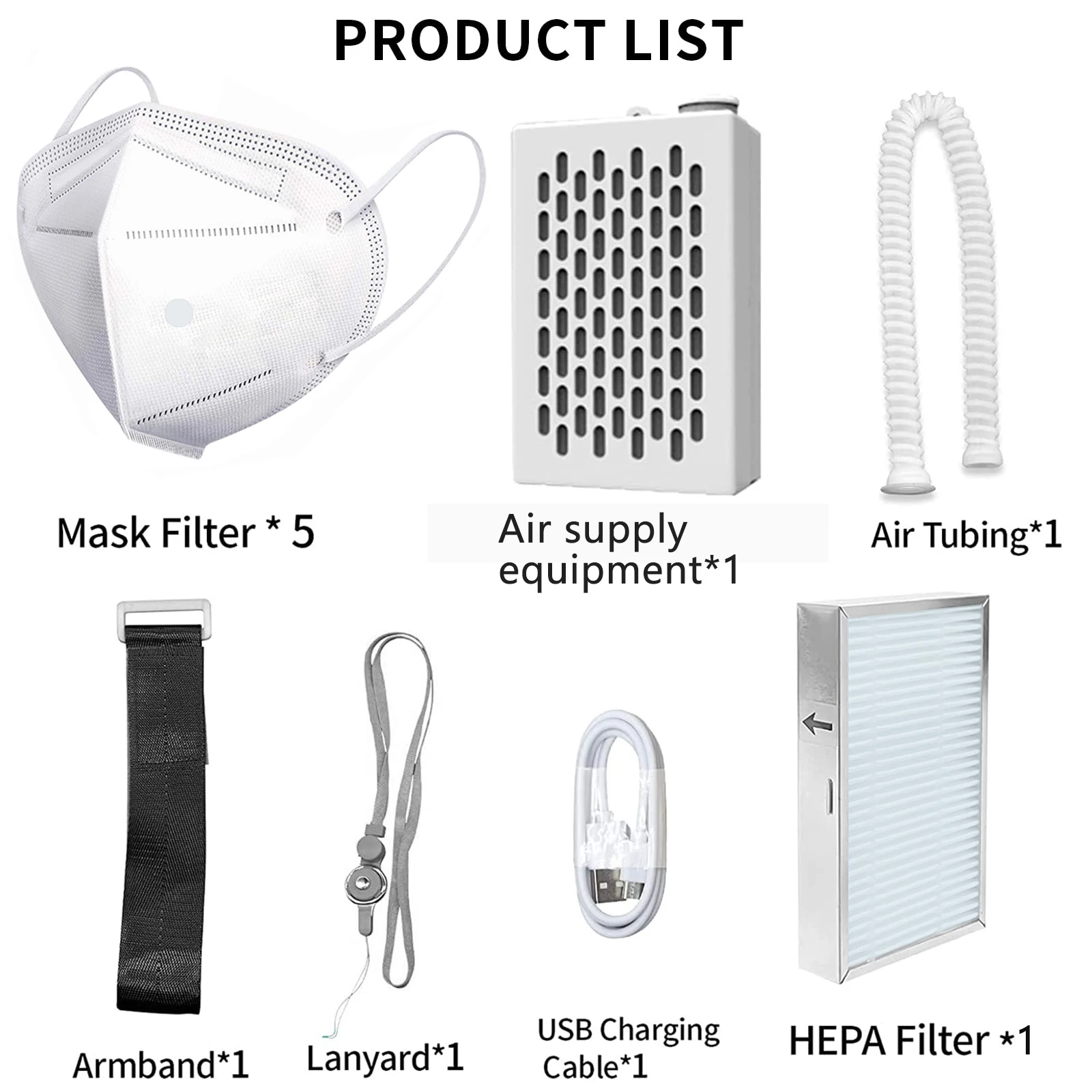 Masque anti-poussière chantier avec ventilateur électrique et filtre HEPA posé sur une table, avec accessoires.