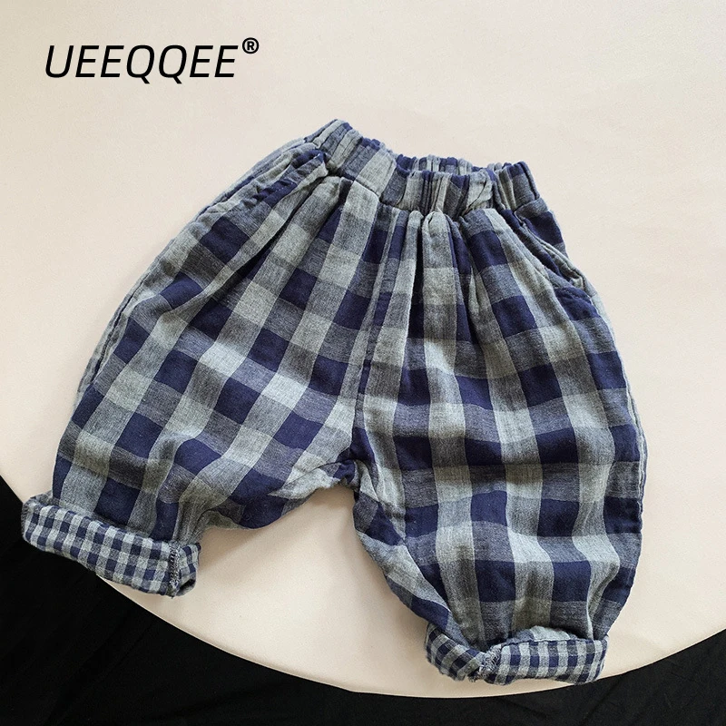 Cotton Plaid 2023 Spring Autumn New School Children Harem Pants Casual