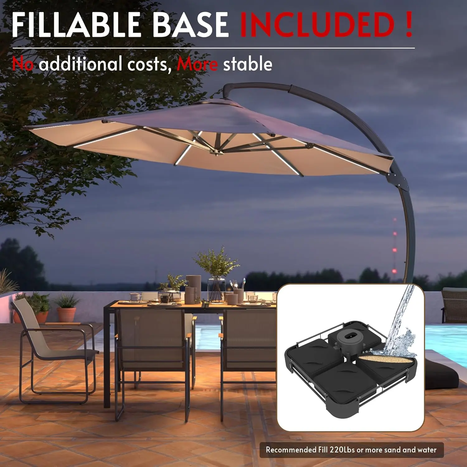 11FT Solar Powered LED Light Cantilever Patio Umbrella with Base Included, Large Cantilever Umbrella with 360°