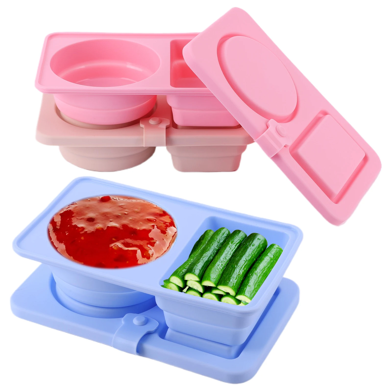 3Pcs 2 Compartment Silicone Snack Containers Multi-Function Food Storage Containers Sauce Seasoning Container for Camping Picnic