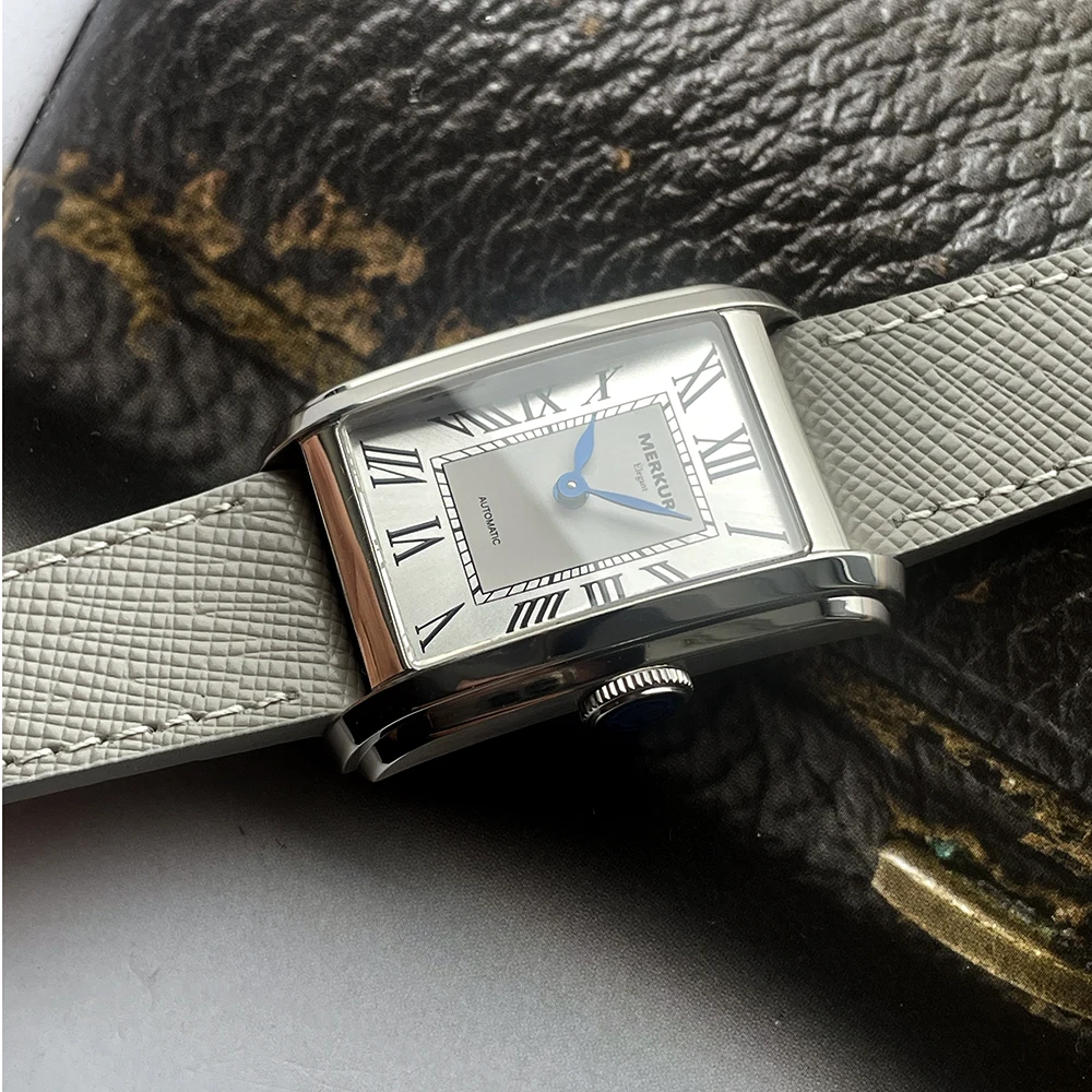 Merkur NH05 Rectangle Retro Casual Watch Automatic Sapphire White Dial for Men