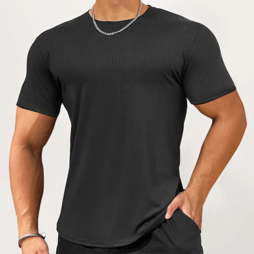 

New Summer Short Sleeve Men Solid Stripe Fitness Elasticity Short Sleeve T-Shirts for Men Quick-Dry Round Collar Mens Shirts