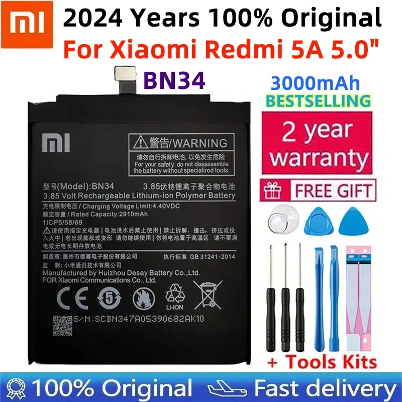 

Xiao Mi Original Phone Battery BN34 For Xiaomi Redmi 5A 5.0" Replacement Battery 3000mAh High Capacity Phone Batteries + Tools