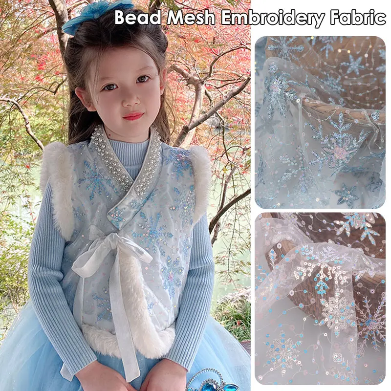 1/2/3yard Schneeflocke Pailletten Stickerei Mesh Stoff Blau/Rosa Tüll DIY frauen Rock Kleid Kinder kleidung Nähen Stoff – Detail 2