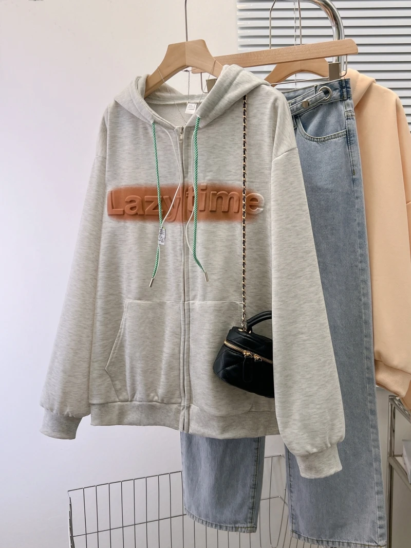 

Women's Letter Printed Long Sleeve Hooded Sweatshirts Spring Autumn New Chic Fashion Style Female Zipper Loose Thin Cardigan