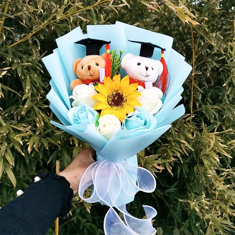 Teddy Bear Plush Graduation Flower Bouquet With Soap Rose Flower