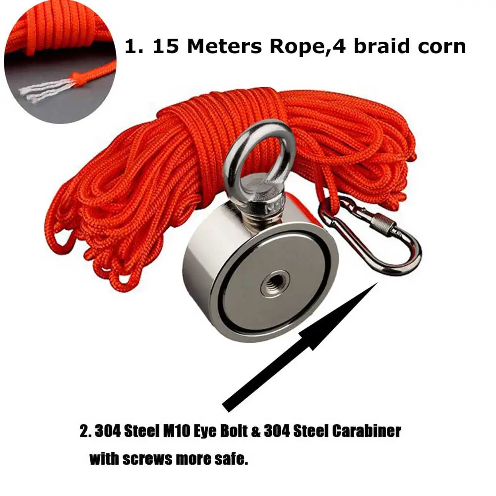 Neodymium Magnets Fishing Magnets 180KGX2 Powerful Double Side Search Magnet 15M Rope Strong Salvage Fishing Magnetic