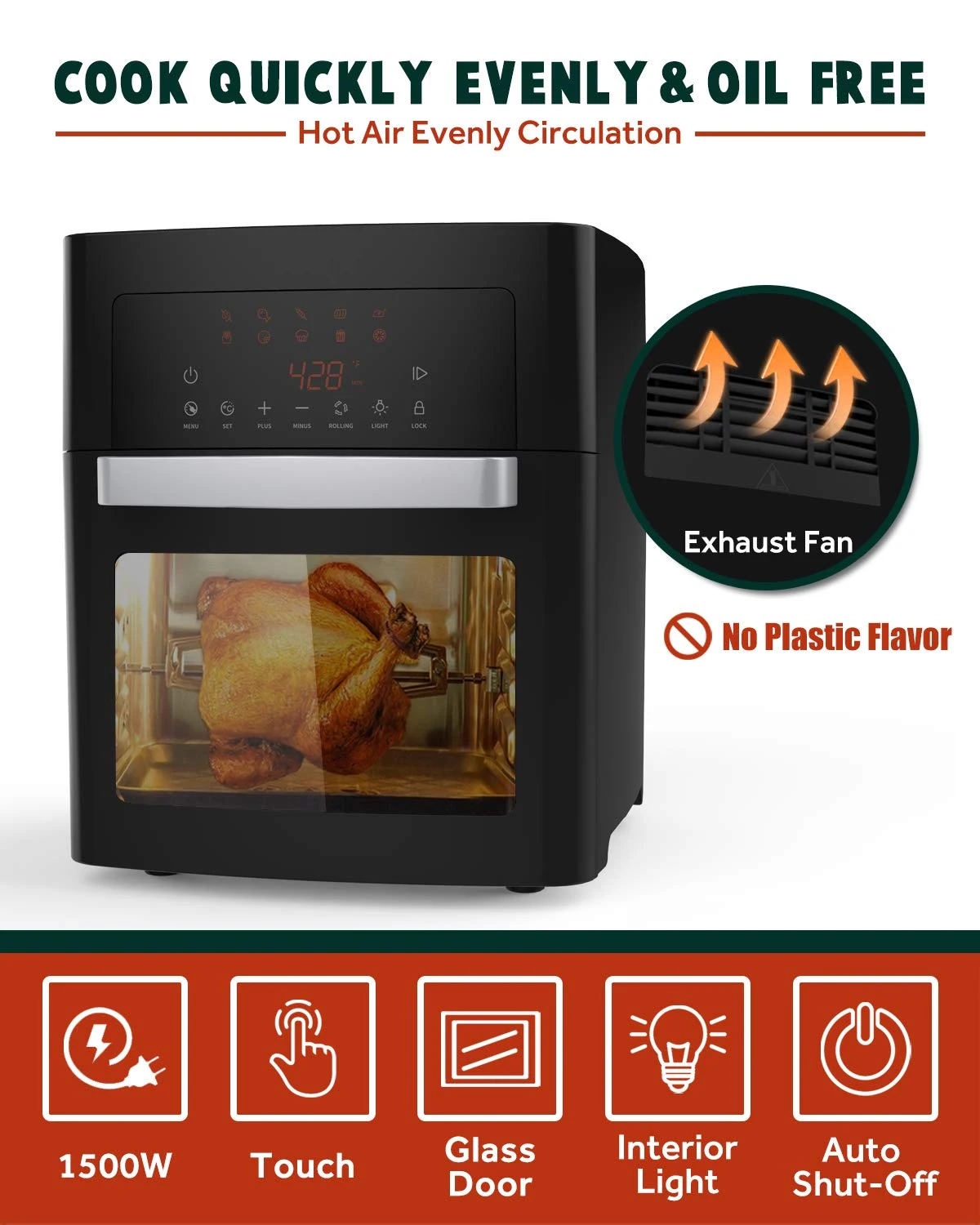 Air Fryer, 16 Quarts XL Size, Smart Cook Presets with LED Digital Touchscreen Rotisserie Oven, Countertop Oven with Convection&T f10 1 28 inch touchscreen smart watch smart health wristband