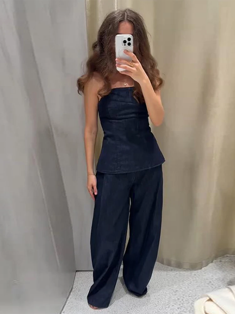 Denim Top Jeans Women's Set Strapless Sleeveless Tank Wide Leg Straight Trousers Female Sets 2025 Summer High Street Lady Suit