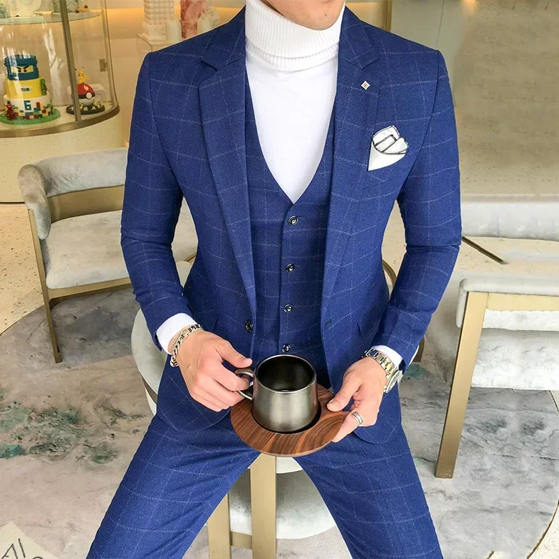 Luxury Men Dress Suits British 3Piece Set Men Wedding Suit New 2020 Fall Mens Business Formal Plaid Suit Men Slim Fit Dress Suit 2