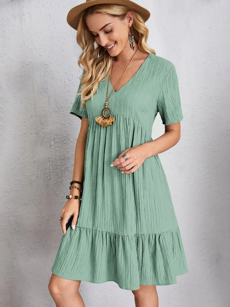 Elegant V Neck Ruffle Mini Dress - Womens Casual Summer Sundress