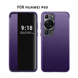 Leather Window View Flip Cover - Shockproof Wallet Case for Huawei P60Pro (Purple)