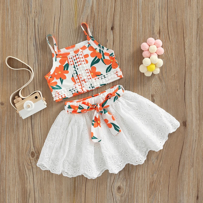 FOCUSNORM 0-4Y Lovely Kids Girls Clothes Sets 2pcs Flowers Lace Spaghetti Strap Camisole + Hollow-out Solid Skirt with Belt