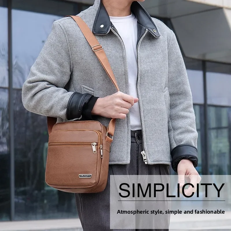 Men's Bag, PU Leather Single Shoulder Bag Multi Layer Zipper Large Capacity Crossbody Bag Daily Use Work Travel Business Commute