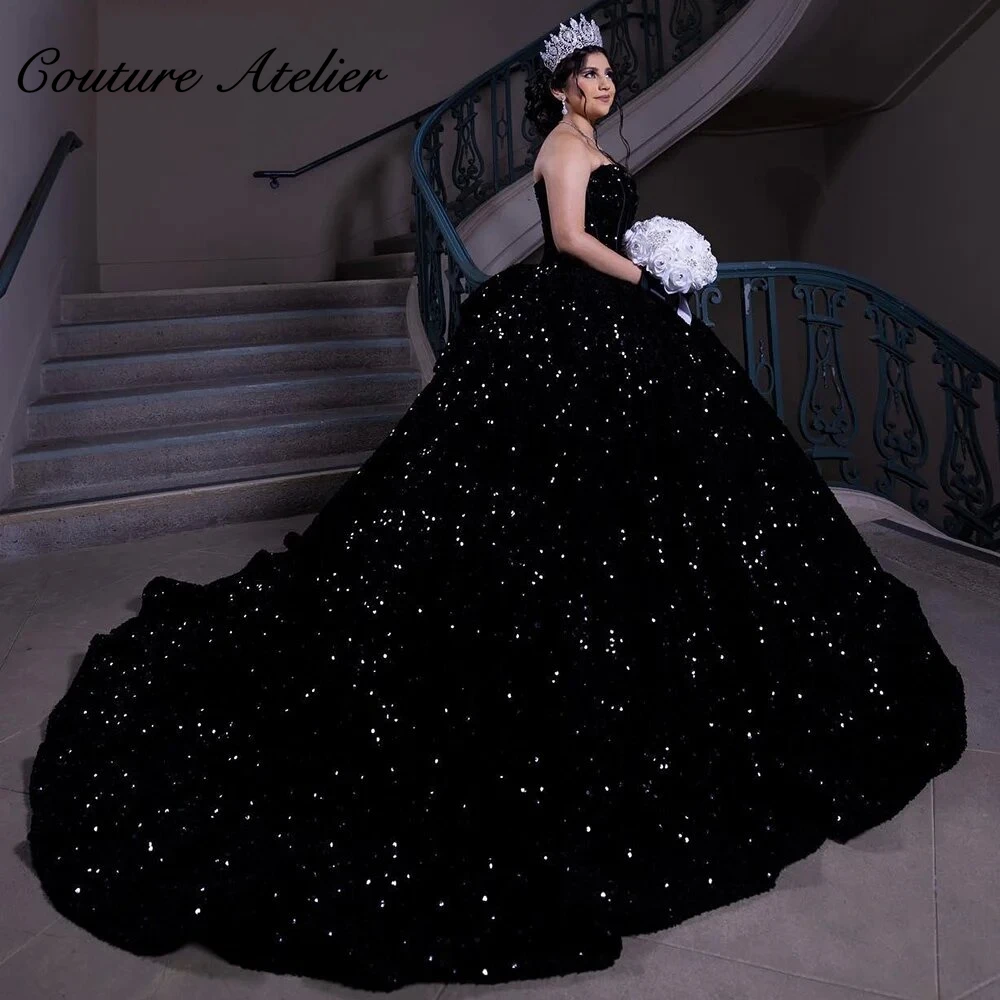 

Pretty Black Sequin Sweetheart Quinceanera Dress Ball Gown 2024 Princess Sweet 15 16 Dresses Wedding Gown Luxury vestidos