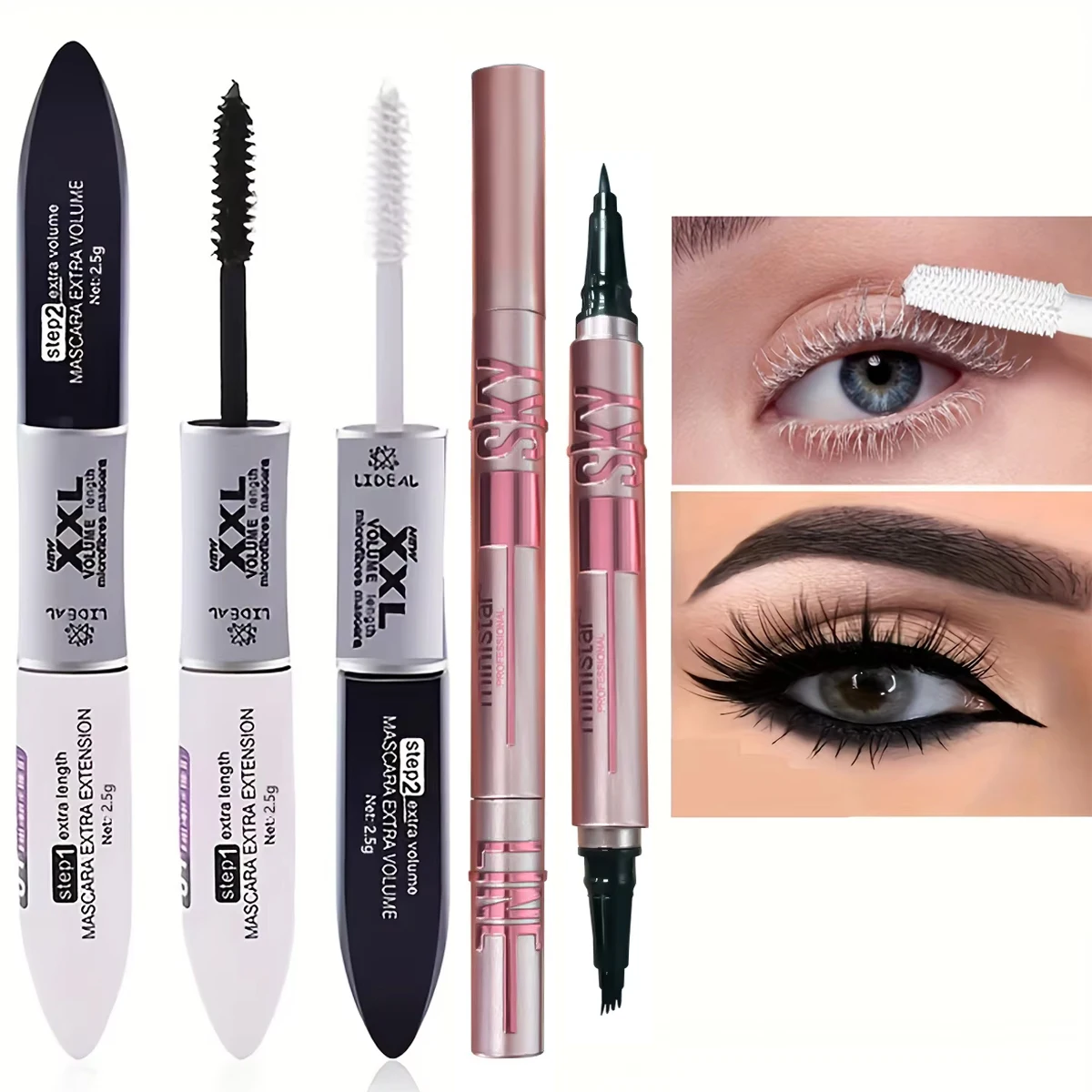 Two-head four-pronged eyebrow pencil eyeliner black and white mascara set waterproof long-lasting