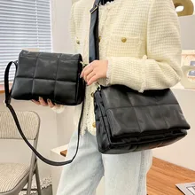 

Black Leather Handbags for Women Quilted Plaid Messenger Bag All Match Design Crossbody Bag Ladys Embroidery Thread Shoulder Bag