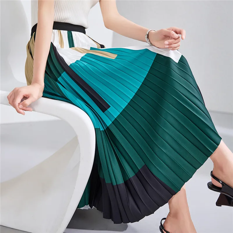 

Color Patchwork Pleated Skirt Women's Elastic High-waisted Slim Mid-long Summer Skirts Female Jupe 8632