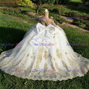 Customised Quality White Flower Girl Dress Tulle Fluffy Wedding Ball Dresses Gold Appliqué Princess Kids Birthday Party Gowns 1
