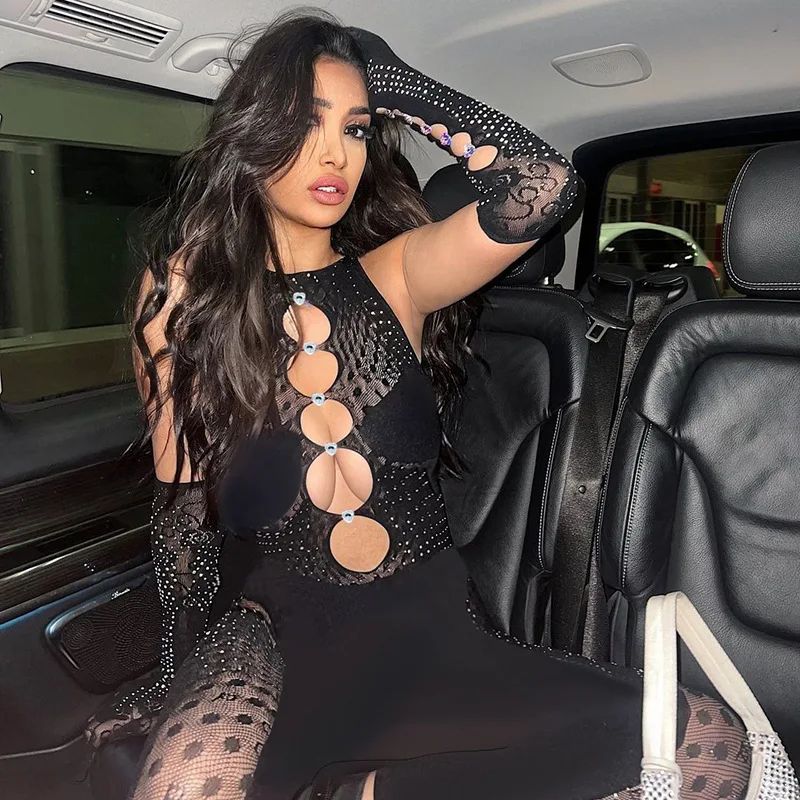 AKYZO Sexy See Through Jumpsuits with Rhinestone for Women Hollow Out Slim Fit Trousers Nightclub Jump Suits Autumn ﻿