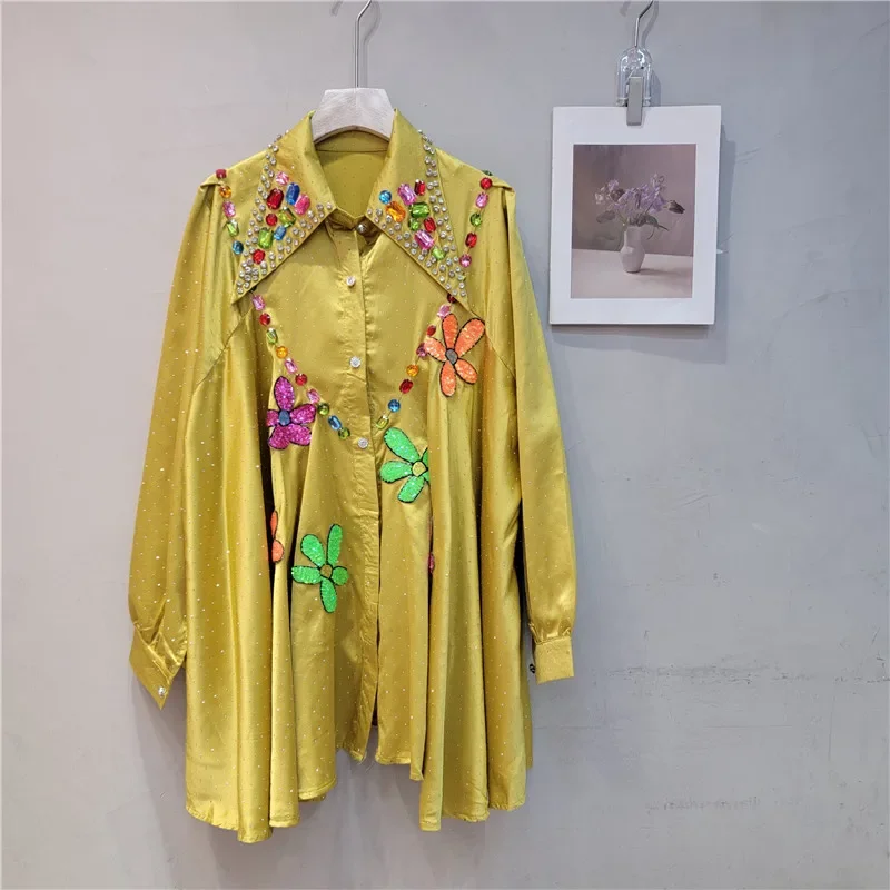 2024 Summer Full Body Rhinestone Shirt Women Luxury Full Body Beaded Lapel Long Sleeve Top Blouse Loose Slimming Silky Camisa