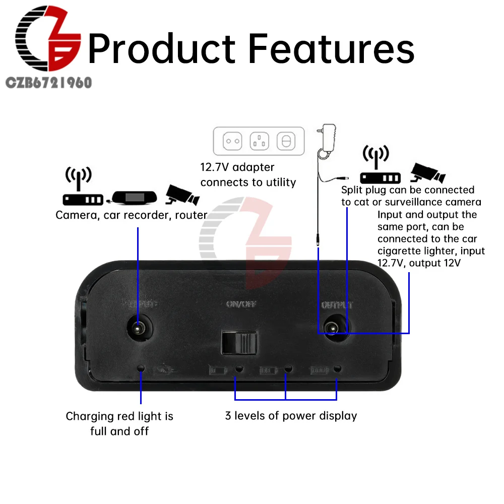 DC 12V Rechargeable Equal Voltage UPS Battery Pack 3pcs 18650 Battery No Soldering DIY UPS Shell Kit with Protector DC Holder